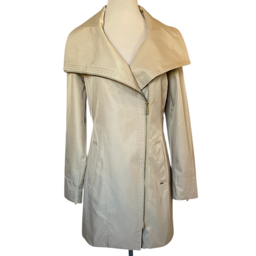 Michael Kors Asymmetrical Cotton Blend Trench Coat Draped Collar Tan, Size Small